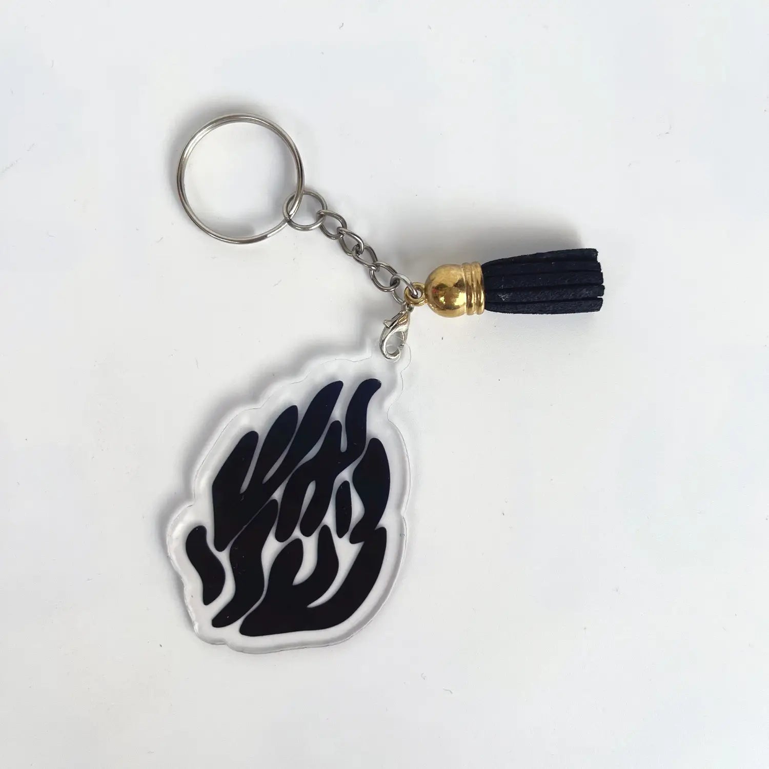 clear acrylic jewish blessing card keychain featuring a black stylized flame design with a gold-toned bead and black tassel as party favors in a set of 10 pieces