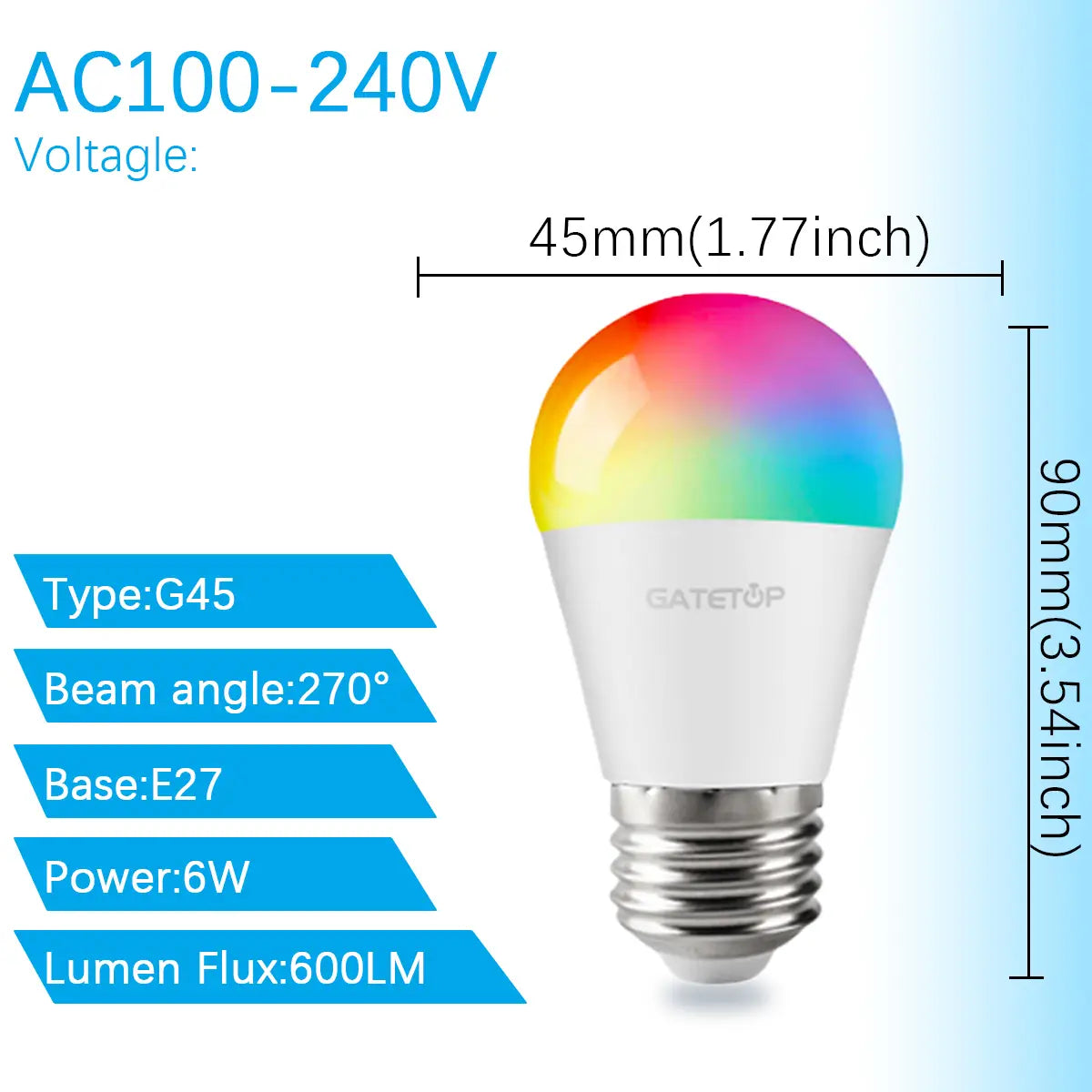 A white gatetop led bulb with a rainbow-colored glass dome and an e27 base designed for ac100-240v operation in a dimmable color changing rgbw spotlight.