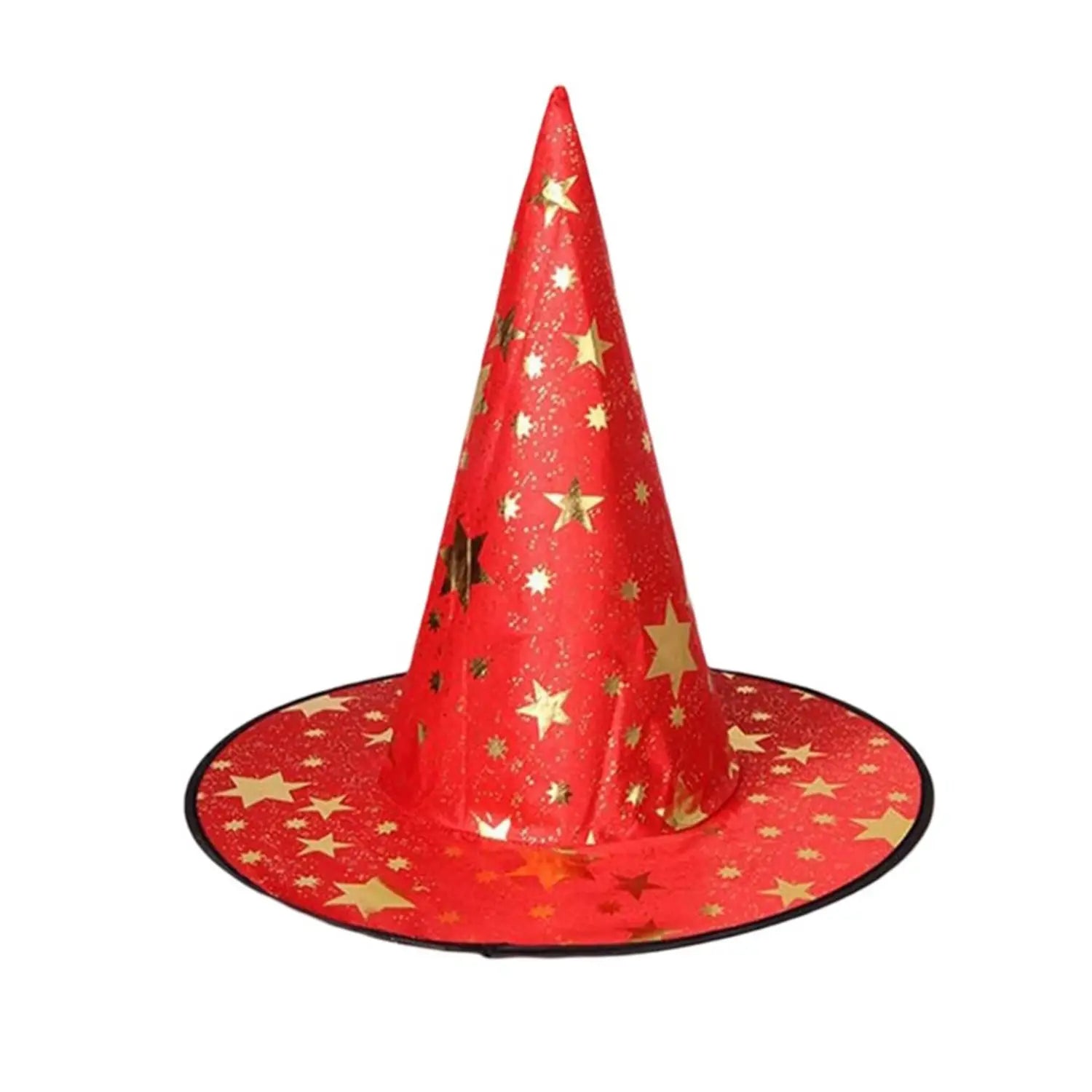 A vibrant red halloween hat with shimmering gold star decoration and black trim designed as a wizard costume accessory.
