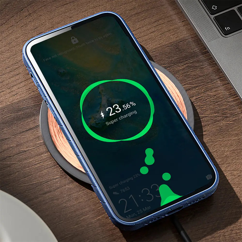 blue textured phone case with smartphone displaying 23.56 percent battery during super charging on a circular wireless charging pad featuring a wireless charging module with automatic recognition for 20w car pcba use