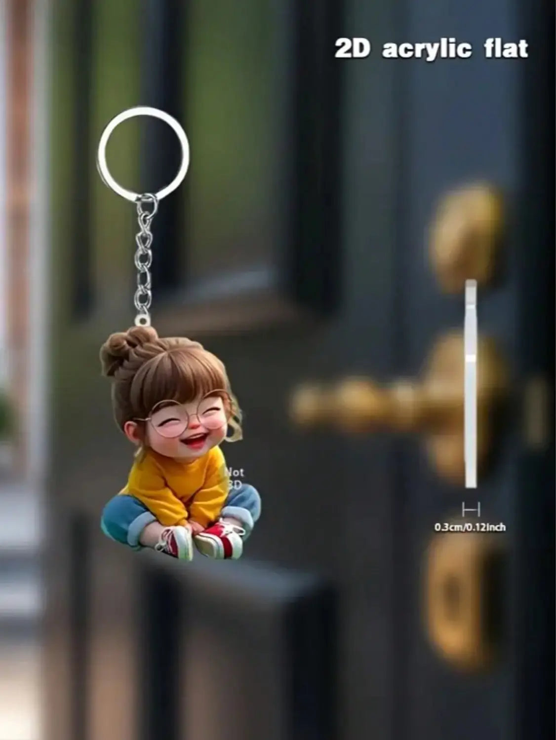 A cheerful 2d acrylic keychain featuring a cartoon girl with brown hair in a bun wearing glasses and a yellow top for a cute acrylic girl keychain cartoon pendant.