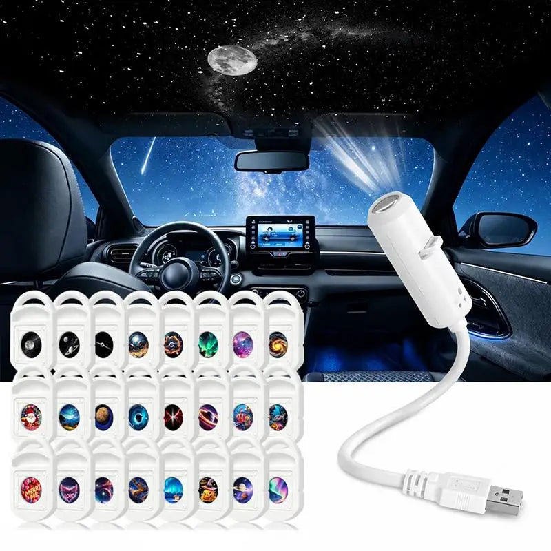 Weiße USB-betriebene Nachtlicht-Galaxieprojektorleuchte mit biegsamem Silikonschwanenhals, flexiblem Kabel und mehreren austauschbaren Projektionslinsenkappen mit kosmischen Designs.