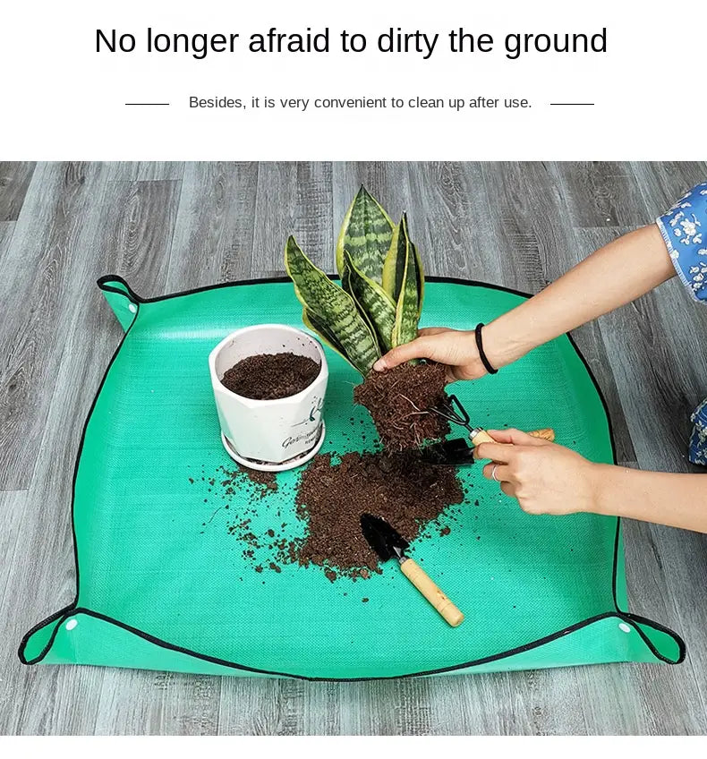 黒い縁取りとハンドル付きの防水ガーデニング植え替えマット（グリーンカラー、50×50cm）。再利用可能な屋外用途向けに設計されています。