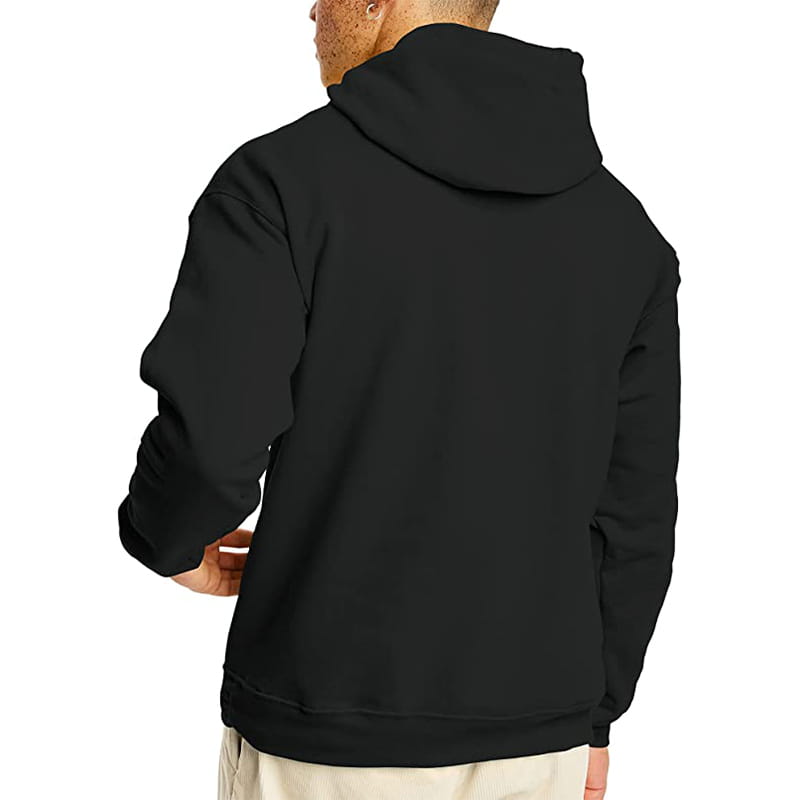 Schwarzer Kapuzen-Sweatshirt aus weichem, glattem Material mit klassischem Design, als Teil eines Herren-übergroßen Fleece-Pulovers mit Kapuze.