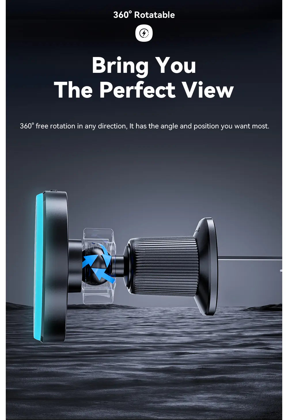 Essager 15w magnetic wireless car charger mount in black with sleek cylindrical design and glowing blue accent on the side.