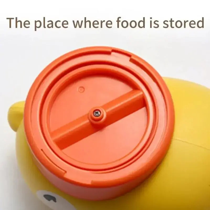 Distributeur automatique interactif pour animaux de compagnie en forme de canard jaune en plastique, avec couvercle orange, comportant une vis centrale et des nervures radiales