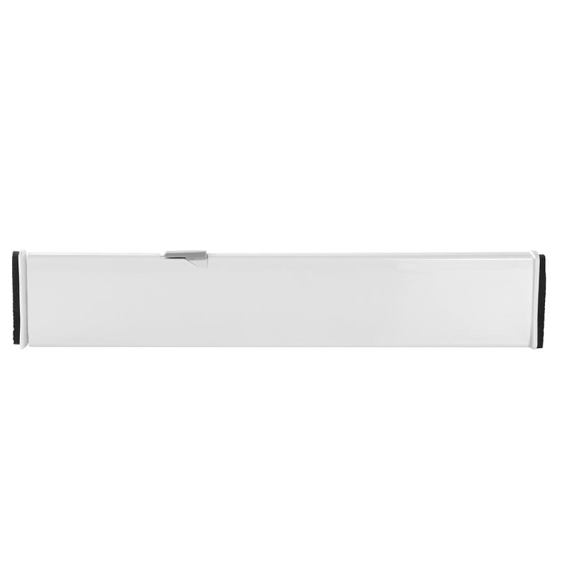 cloison de tiroir rectangulaire en plastique blanc avec bords caoutchoutés noirs et verrou métallique argenté pour une séparation de rangement ajustable.