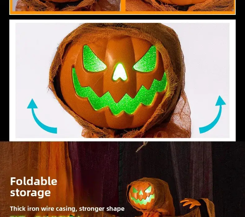 Un espantapájaros de calabaza naranja que emite luz con un rostro verde brillante y una capucha de tela, con ojos de LED colgantes, como decoración de Halloween.