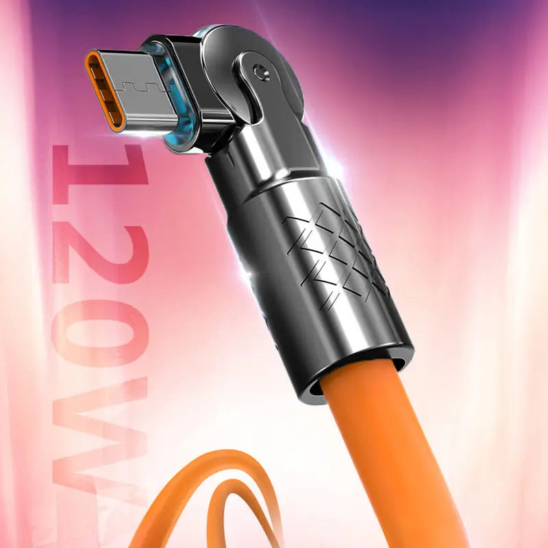 Oranges 120-W-Rotations-Silikon-USB-C-Kabel mit einem eleganten metallischen 90-Grad-Winkelstecker mit eingraviertem Diamantmuster und einer schützenden Gummihülle.