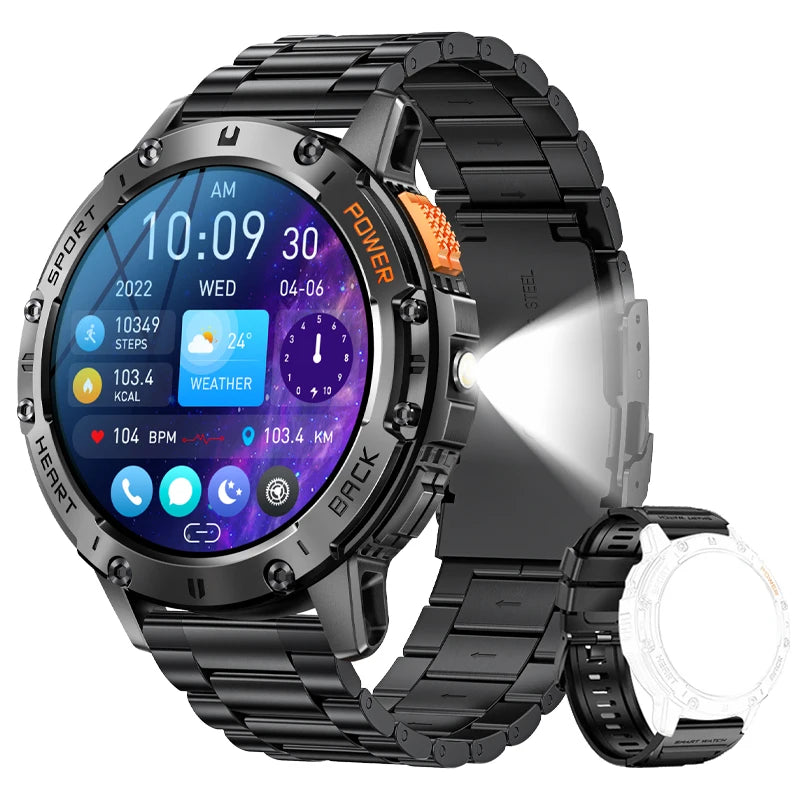 For Android ios New AMOLED Smart Watch Men with Flashlight Sports Waterproof Fitness Tracker Bluetooth Call Smartwatch Man+Box