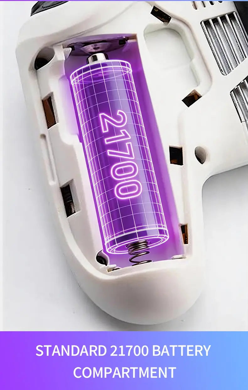 Batterie 21700 violette avec motif quadrillé et texte lumineux, logée dans un compartiment en plastique blanc de la télécommande du transmetteur radio FPV Edgetx V12 pour la télécommande V12.