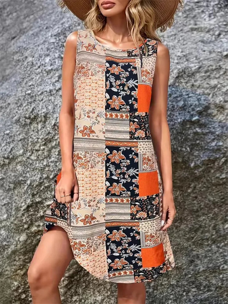 2025 Ethnic Style Women Vintage Pattern Flowers Print Dresses Summer Fashion Sleeveless Dress Casual Sundress Beach Loose Dress