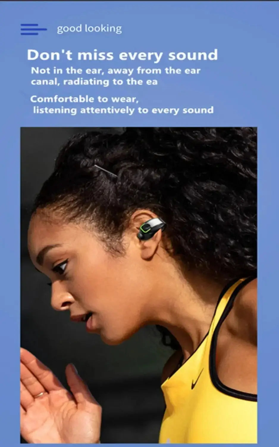 Black and green ear clip lightweight bluetooth 5.3 sport headphones with sleek compact design worn in the ear.