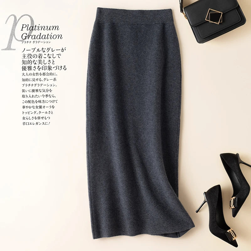 100% Pure Wool Skirt New Women's Autumn and Winter Mid-Length High-Waisted Thin Cashmere Skirt Knitted All-Match Hip Skirt