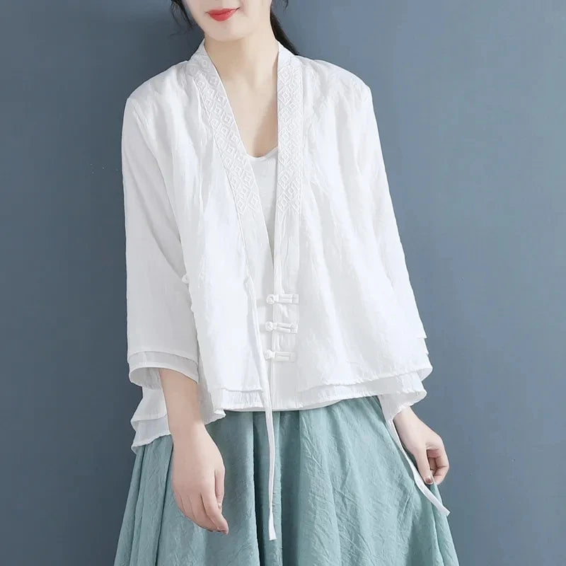 Ethnic Styly Women Tops New Summer Slanted Lapel Three-quarter Sleeve Shirts Vintage Lace V-Neck Loose Cotton Linen Shirt Blouse