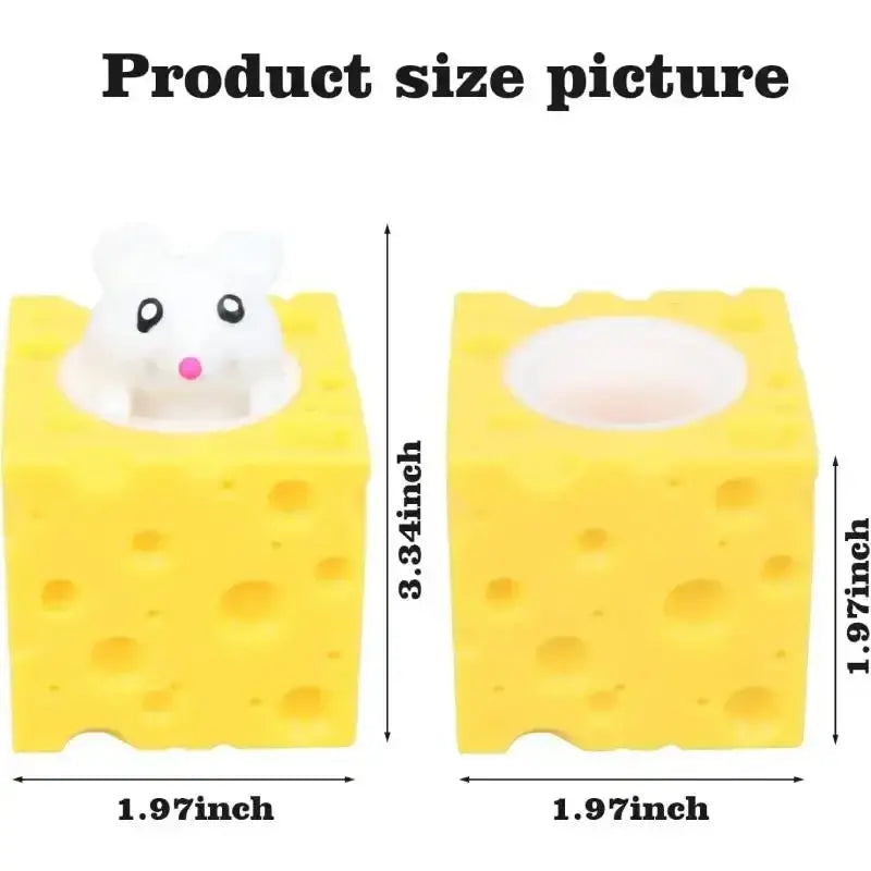 Yellow cheese-shaped foam squeeze cheese toy with a white mouse figurine peeking out from the top front view