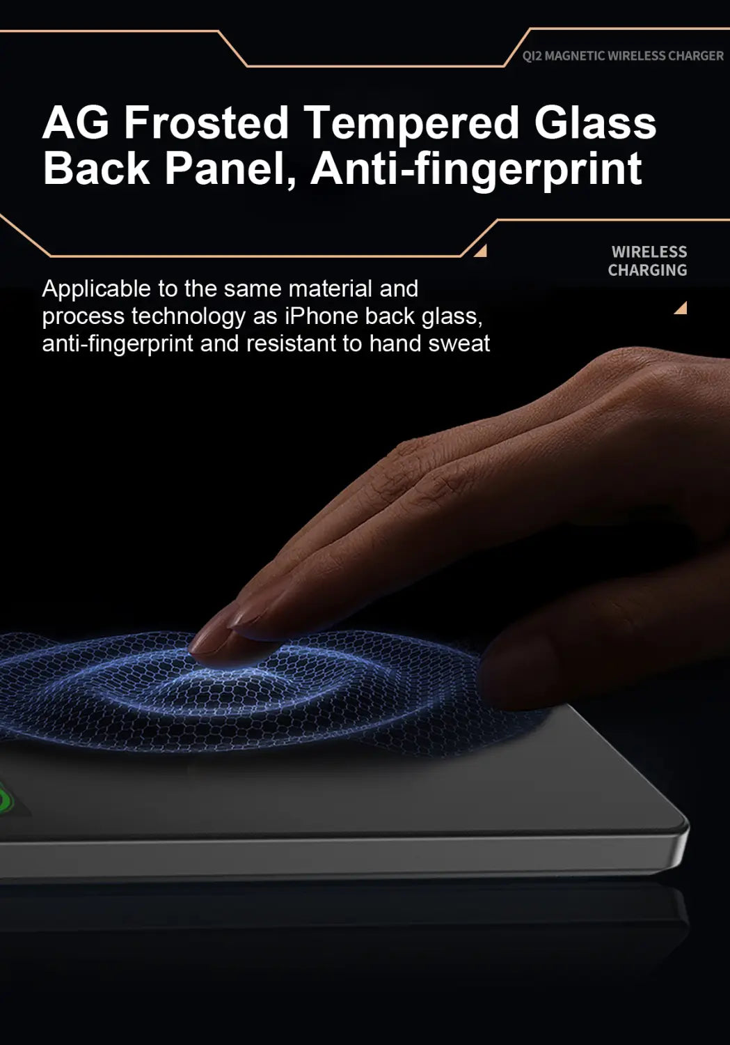 Eine elegante dunkelgraue Qi2-Magnet-Wireless-Powerbank 10000mAh in Rückseitenansicht mit AG-mattiertem, gehärtetem Glas-Paneel, das antifingerprint ist und gegen Hand-Schwitzwasser widersteht.