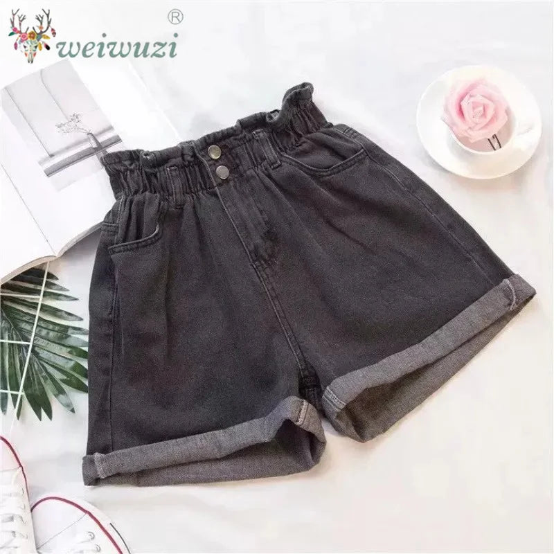 Women Casual High Waist Denim Shorts Elastic Waist Comfortable Wide Leg Rolled Hem Jean Shorts Girls Summer Vacation Streetwear