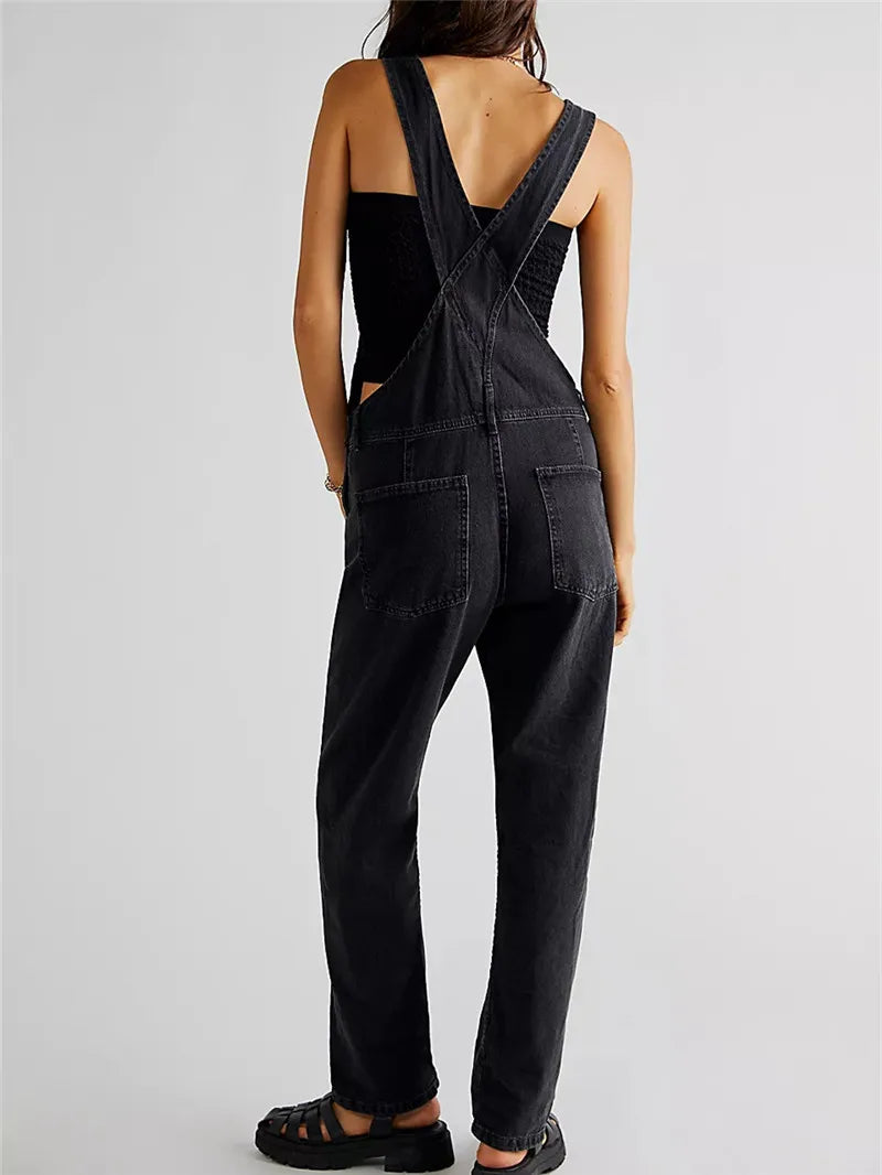 Women Denim Bib Overall Casual Adjustable Strap Denim Jumpsuit Loose Fit Straight Leg Overall Jean Pants Streetwear