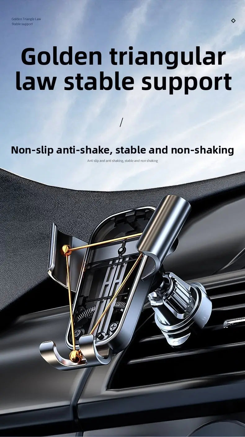 Golden triangular law stable support car phone holder with metallic finish and adjustable clamp for gravity car phone holder air vent mount.