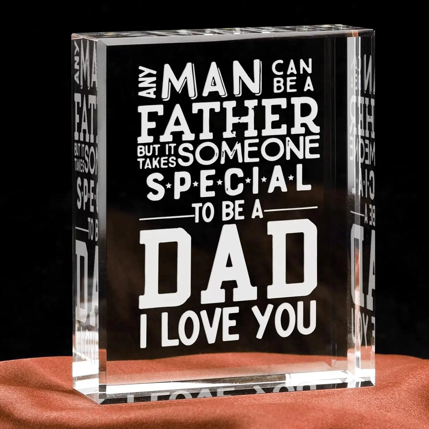 Bloc en acrylique transparent gravé avec du texte blanc : « n’importe quel homme peut être un père, mais il faut quelqu’un de spécial pour être un papa ». Je t’aime pour papa. Bloc en acrylique gravé. Cadeau d’anniversaire de la fille et du fils.