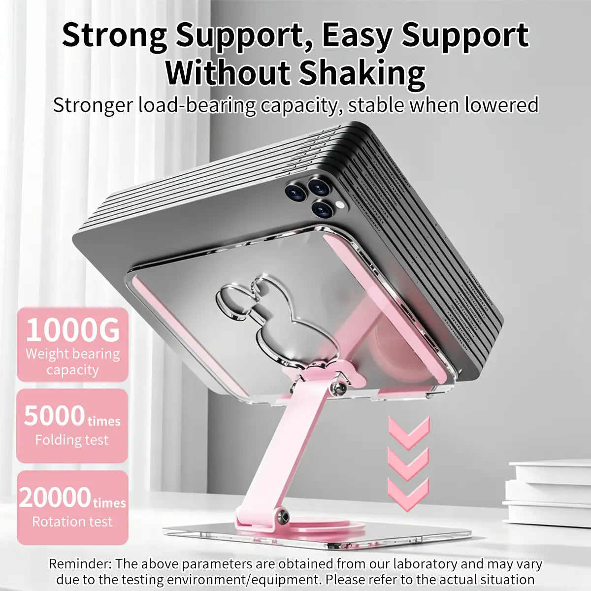pink and silver acrylic adjustable tablet stand with 360 rotating heat dissipation feature and a bunny-shaped magnetic ring holder