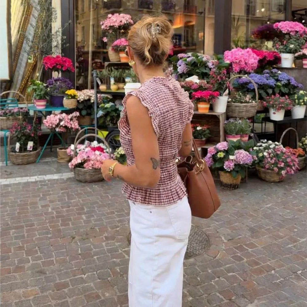Women Elegant Blouses Summer Female Casual Plaid Sleeveless T-Shitrs Lady Street Chic Commute Tank Tops Trendy Holiday Lady Tops