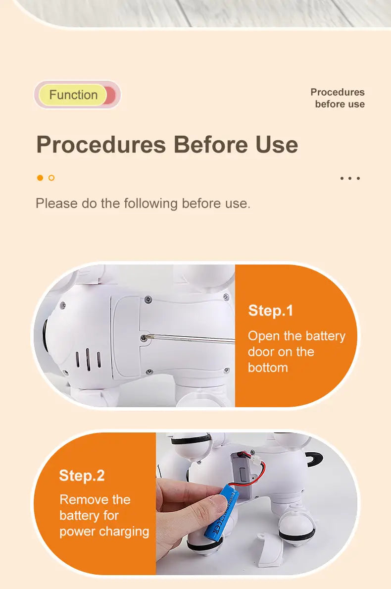 white plastic rc robot dog with black accents and a blue battery being removed for charging in an interactive smart electronic stunt pet product
