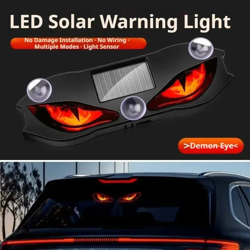 lampe d’avertissement solaire à DEL en plastique noir avec motif d’œil de démon, yeux rouges et oranges lumineux et trois ventouses pour une fixation facile sur la voiture