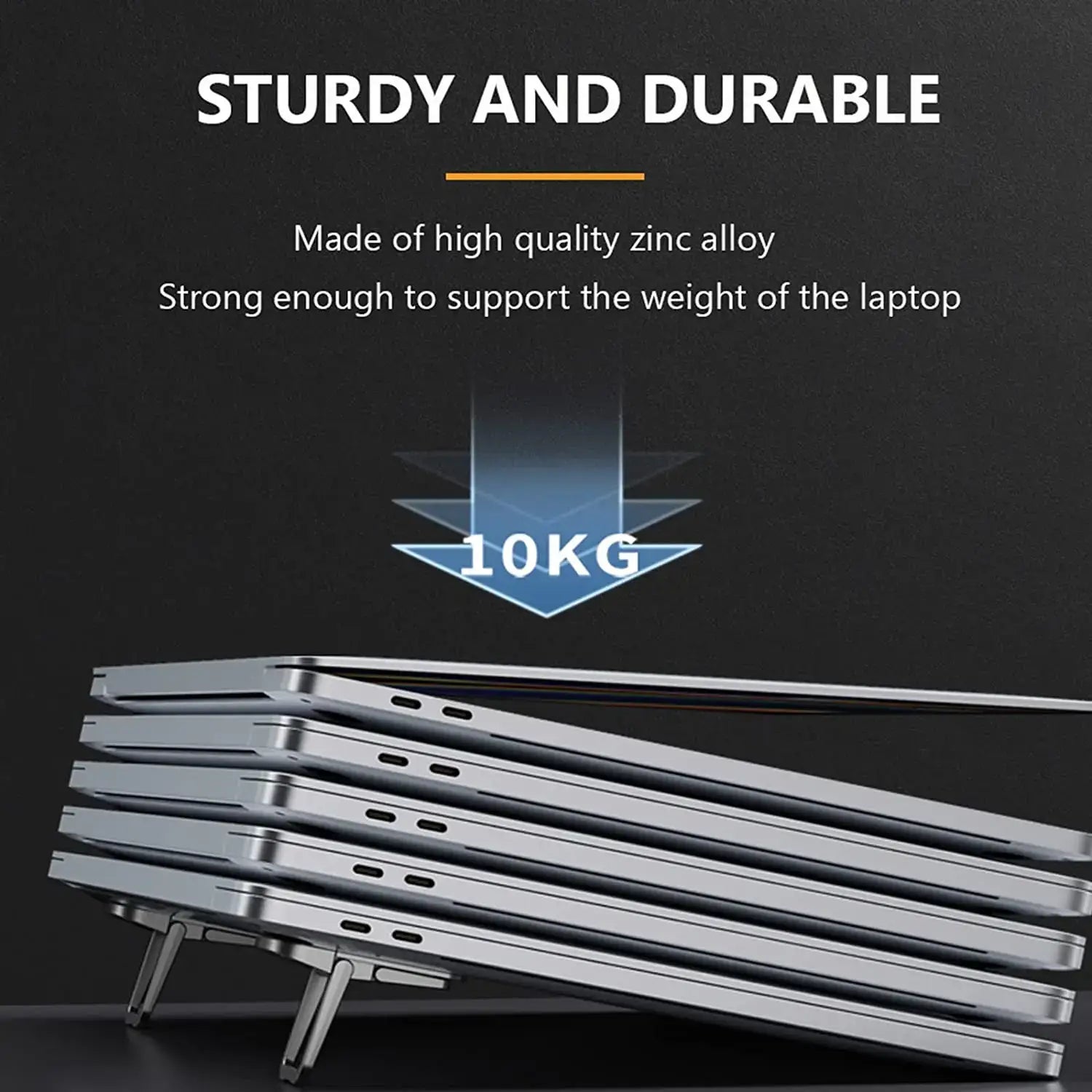 Sturdy silver laptop stand made of high-quality zinc alloy designed as a portable foldable adjustable riser supporting up to 10kg.