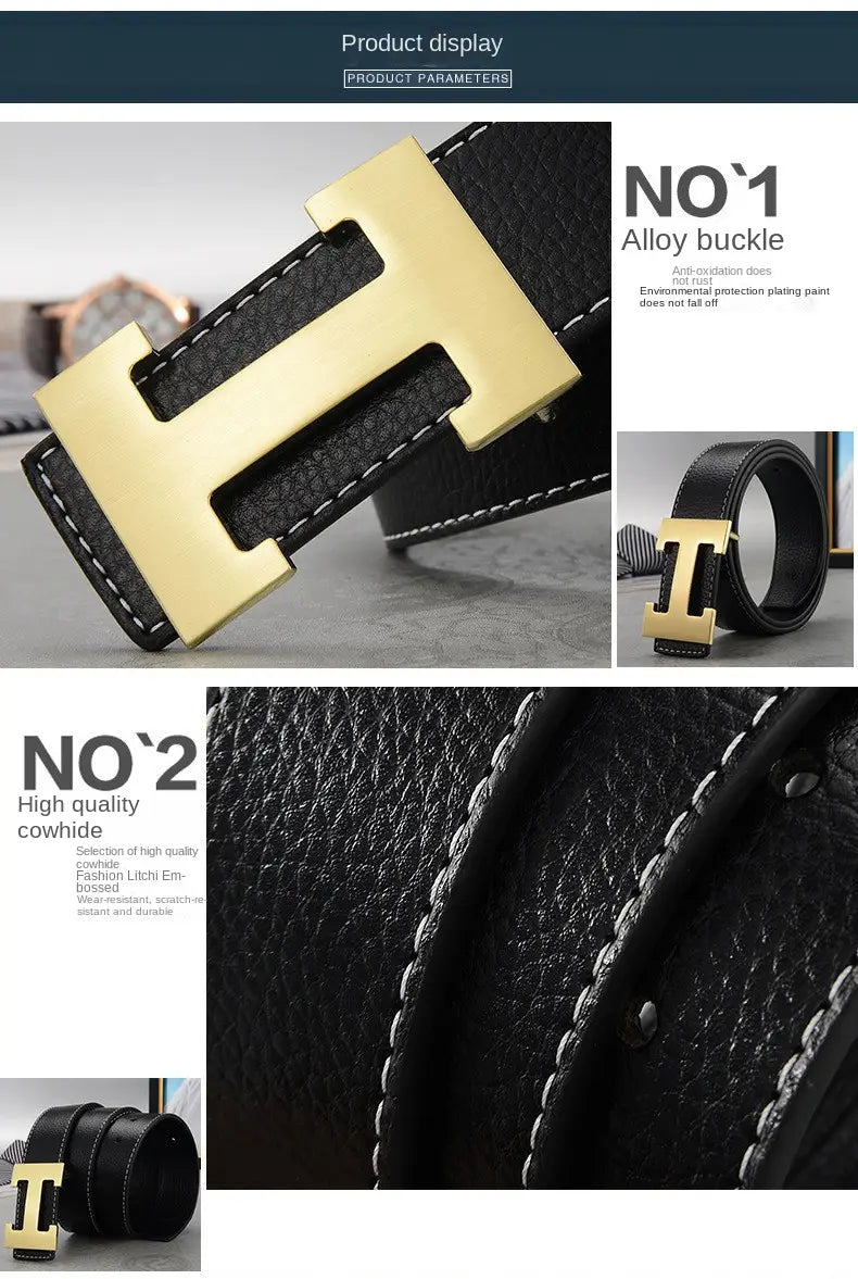 mens leather h buckle belt featuring a gold-tone h-shaped alloy buckle on a black cowhide leather strap with white stitching