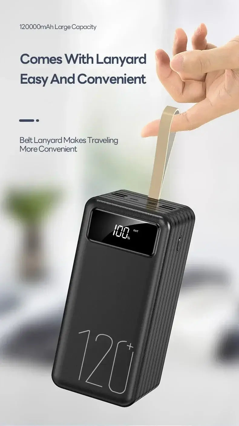 Black rectangular portable power bank with textured surface, digital display showing 100 percent charge, gold-colored belt lanyard, 120000mAh capacity, and 66w fast charging capability.