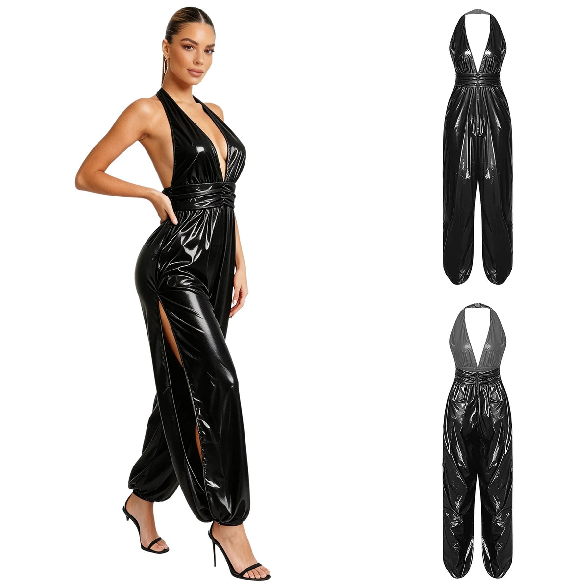 Womens Water Resistant Jumpsuit Halter Backless Ruched Waist Back Side Split Bodysuit Romper for Club Pole Dance Carnival Party
