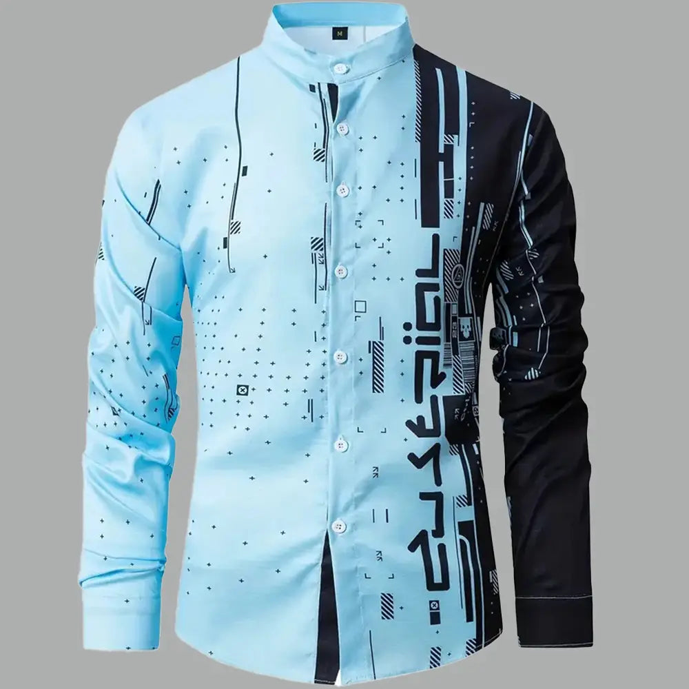 Light blue and black long-sleeved button-up shirt for men featuring a modern geometric pattern and designed as a graphic button up shirt.