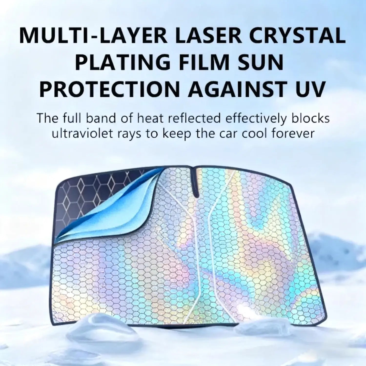 car windshield sun shade featuring an iridescent multi-layer laser crystal plating film with hexagonal pattern and reflective rainbow surface for 5-layer uv protection and foldable design.
