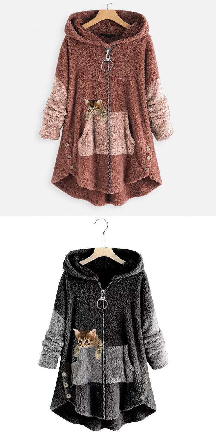 Hoodie Coat Jacket Women Hooded sweatshirt Patchwork Cat Print Zipper Thick Overcoat Streetwear Female Autumn Winter Outerwear