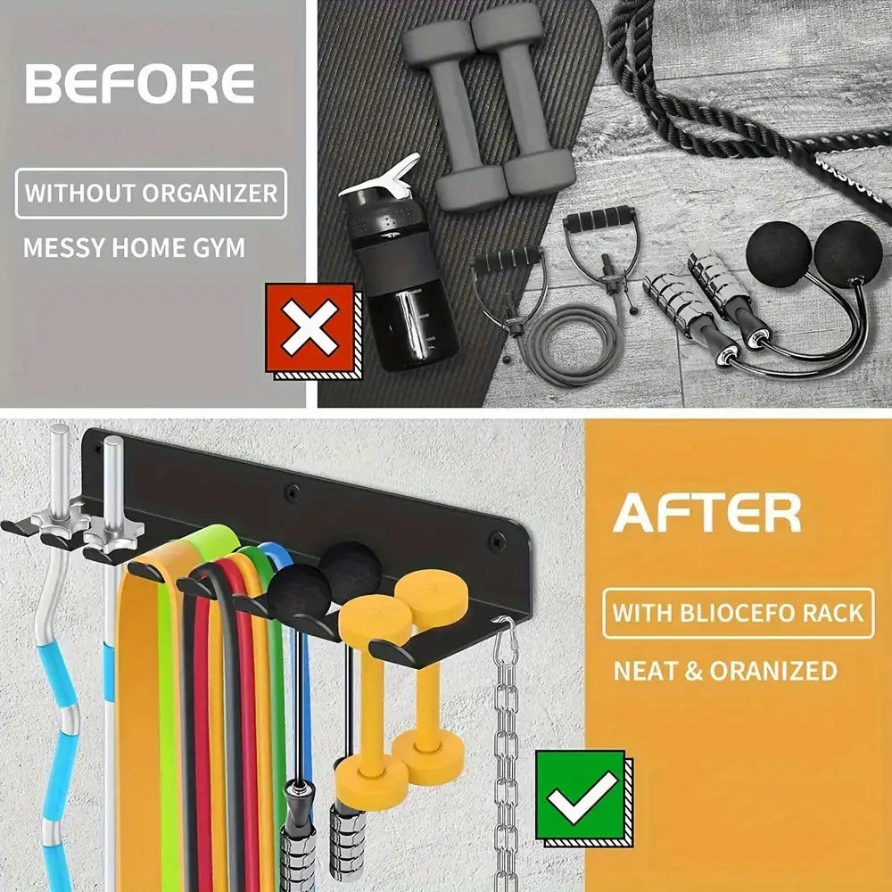 Schwarzer Organizer für Fitnessstudiogeräte zur Wandmontage, Aufbewahrungsregal aus Metall, mit mehreren Haken und Fächern für Kurzhanteln, Widerstandsbänder, Springseile und weiteres Zubehör für das Fitnessstudio.
