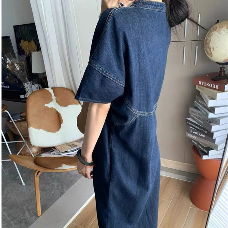 Vintage Denim Women's Dresses for 2026 Summer Thin Casual Jeans Dress Loose Plus Size Lady Vestidos Female Clothes Robe KE6062