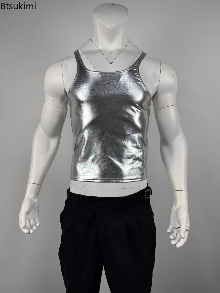 Men's Streetwear Vintage Shiny Tank Tops Fashionable Slim Fit Stretch Crop Camisoles Men Summer Casual Sleeveless U Neck Vests