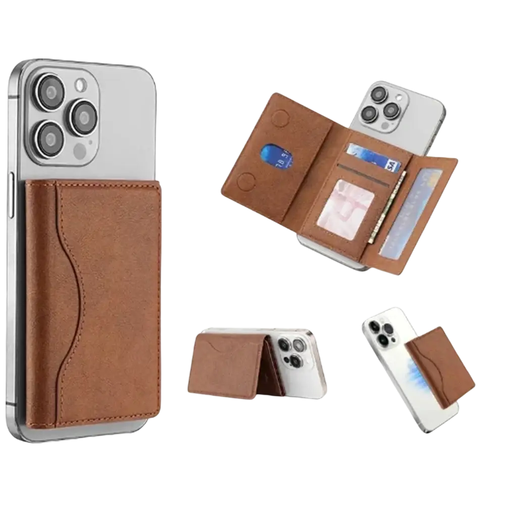 Brown leather magnetic trifold card wallet with card slots attached to smartphone compatible with magsafe and iphone models