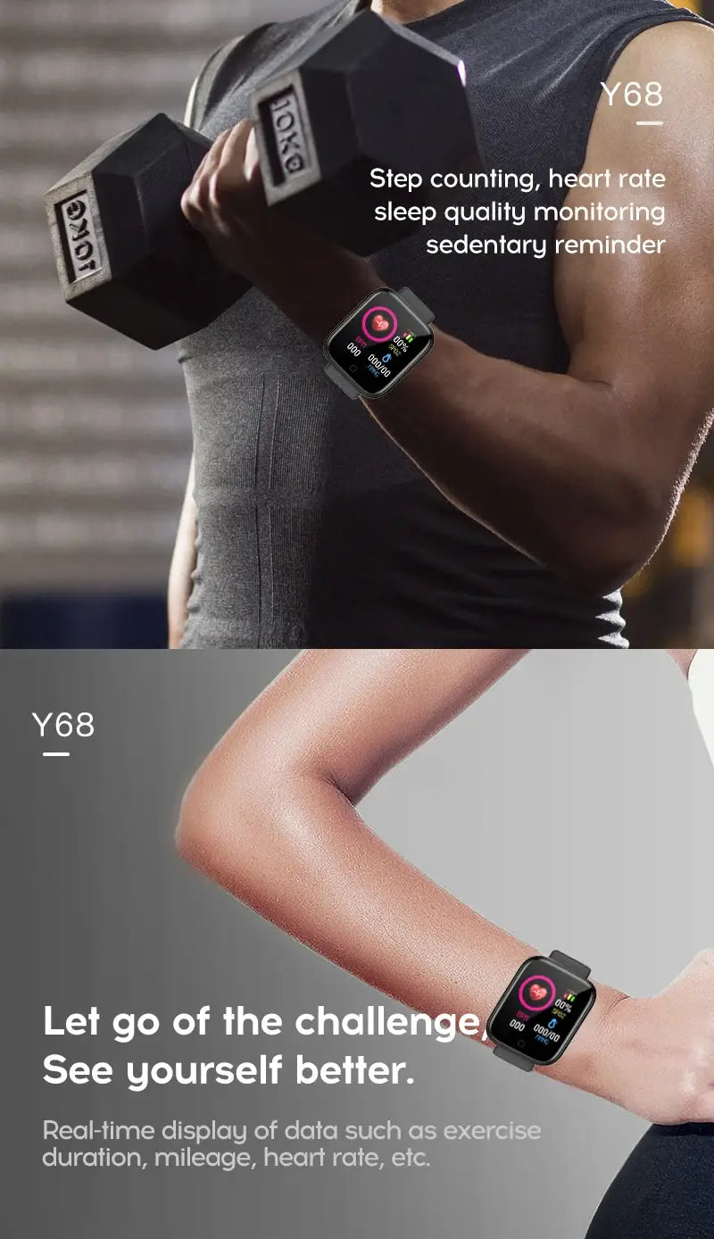 Black smart fitness watch with heart rate monitor featuring a rectangular screen displaying fitness metrics and a sleek minimalist design.