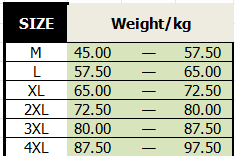 The size chart for the men printed casual long sleeve shirt displays sizes from M to 4XL with corresponding weight ranges in kilograms.