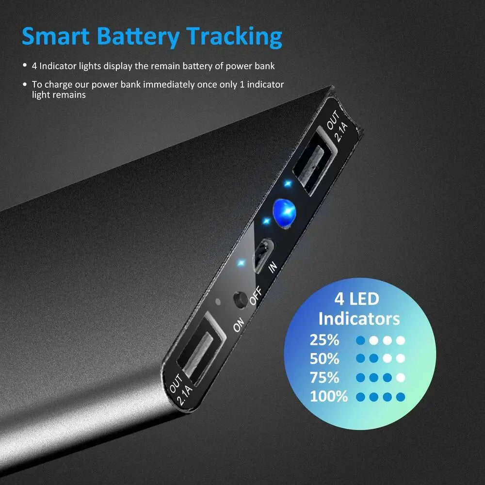 Banco de energía portátil negro rectangular de 20000 mAh con acabado metálico elegante, que incorpora cuatro indicadores azules del nivel de batería y múltiples puertos USB para uso con prendas térmicas.
