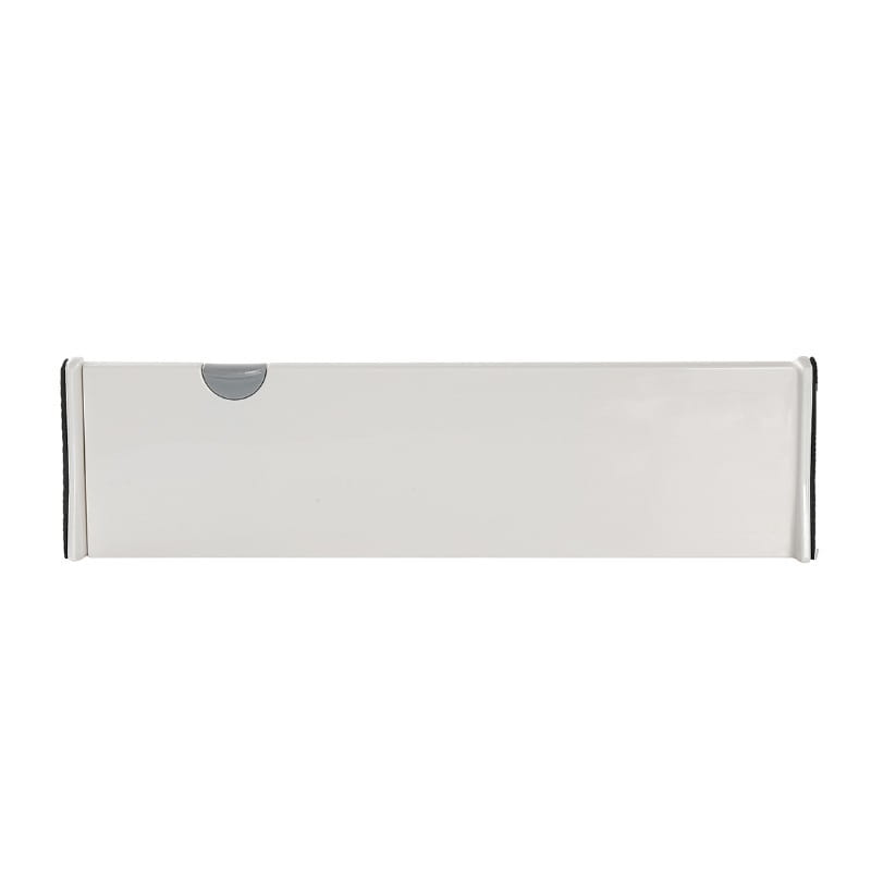 façade de tiroir rectangulaire blanche avec poignée semi-circulaire grise et bordure noire, conçue pour une séparation de tiroir en plastique ajustable.