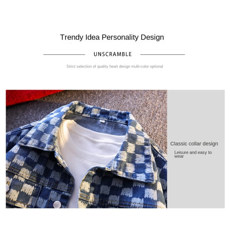 Blue and white checkered oversized denim jacket with a classic collar designed for men streetwear.