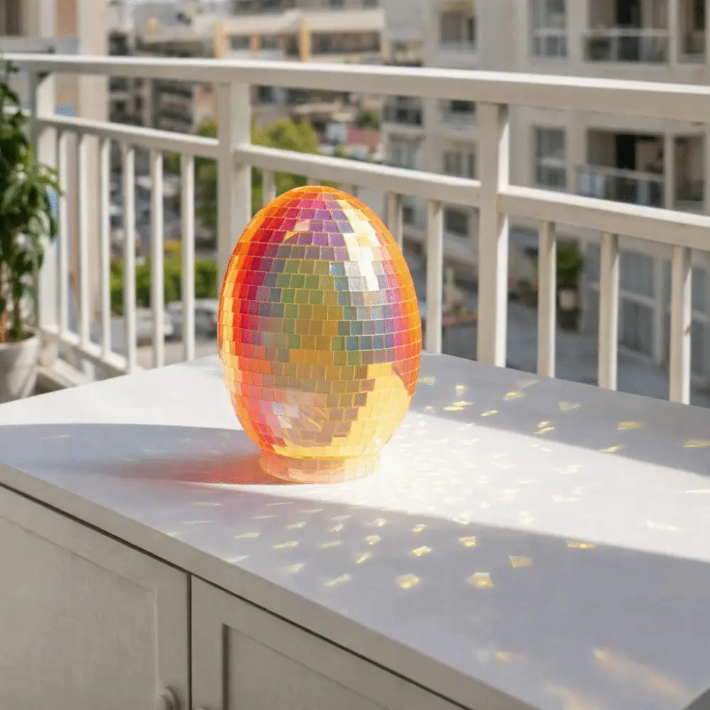 A vibrant iridescent glass disco egg ball ornament featuring a mosaic of reflective rainbow-colored tiles.