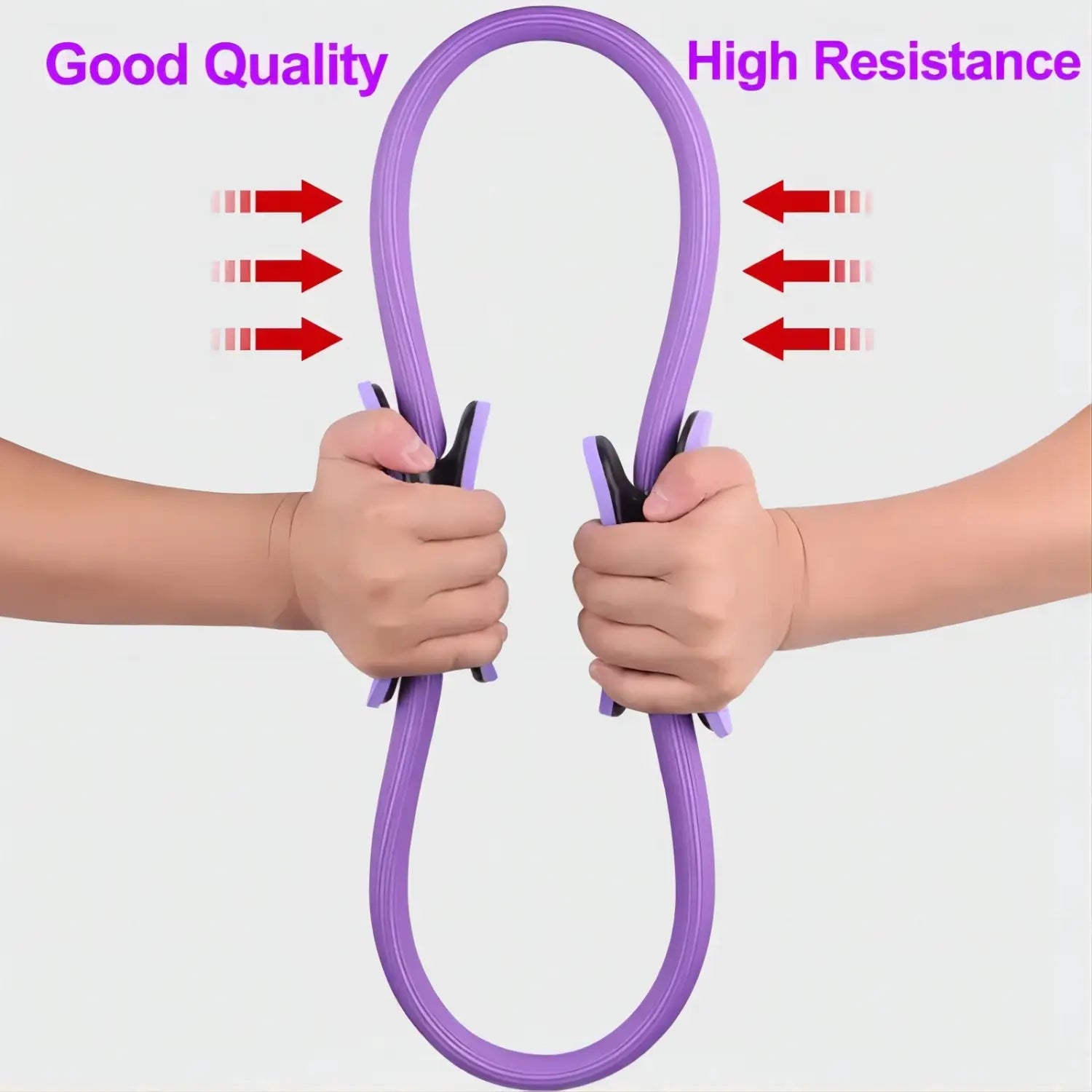 Purple resistance band with black handles made of durable material included in a 5-piece Pilates ring and resistance band set for strength training and flexibility exercises.
