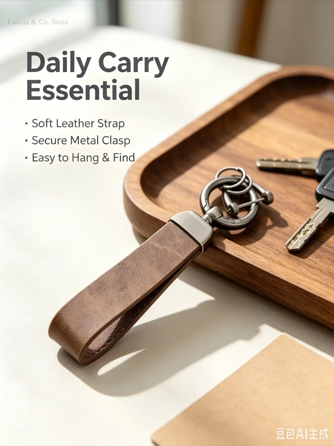 Brown leather custom logo car keychain with a personalized metal ring and a secure metal clasp.