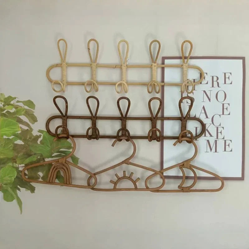Kids Room Clothing Storage Rack Rattan Wall Hooks Clothes Hat Hanging Hook Garments Organizer Decor Rattan Hanger For Children