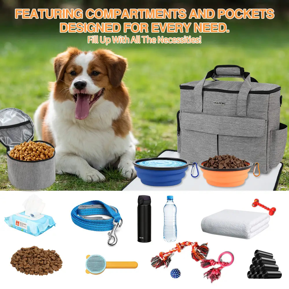 Sac de voyage isolant pour chien en tissu gris, avec fermeture éclair et bordure noire, comprenant plusieurs compartiments pour les essentiels de l’animal.